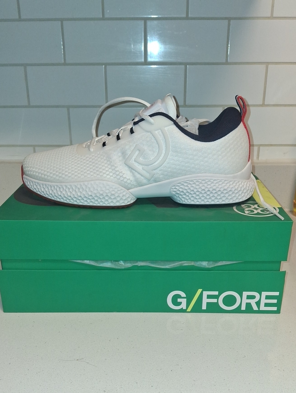 G/FORE Men's White Athletic Golf Shoe with Navy Lining and Red Heel Tab